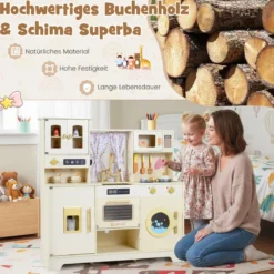 Kinder Spielküche Spielzeugküche mit Herdplatten Wasserhahn Spüle Kaffeemaschine Beige