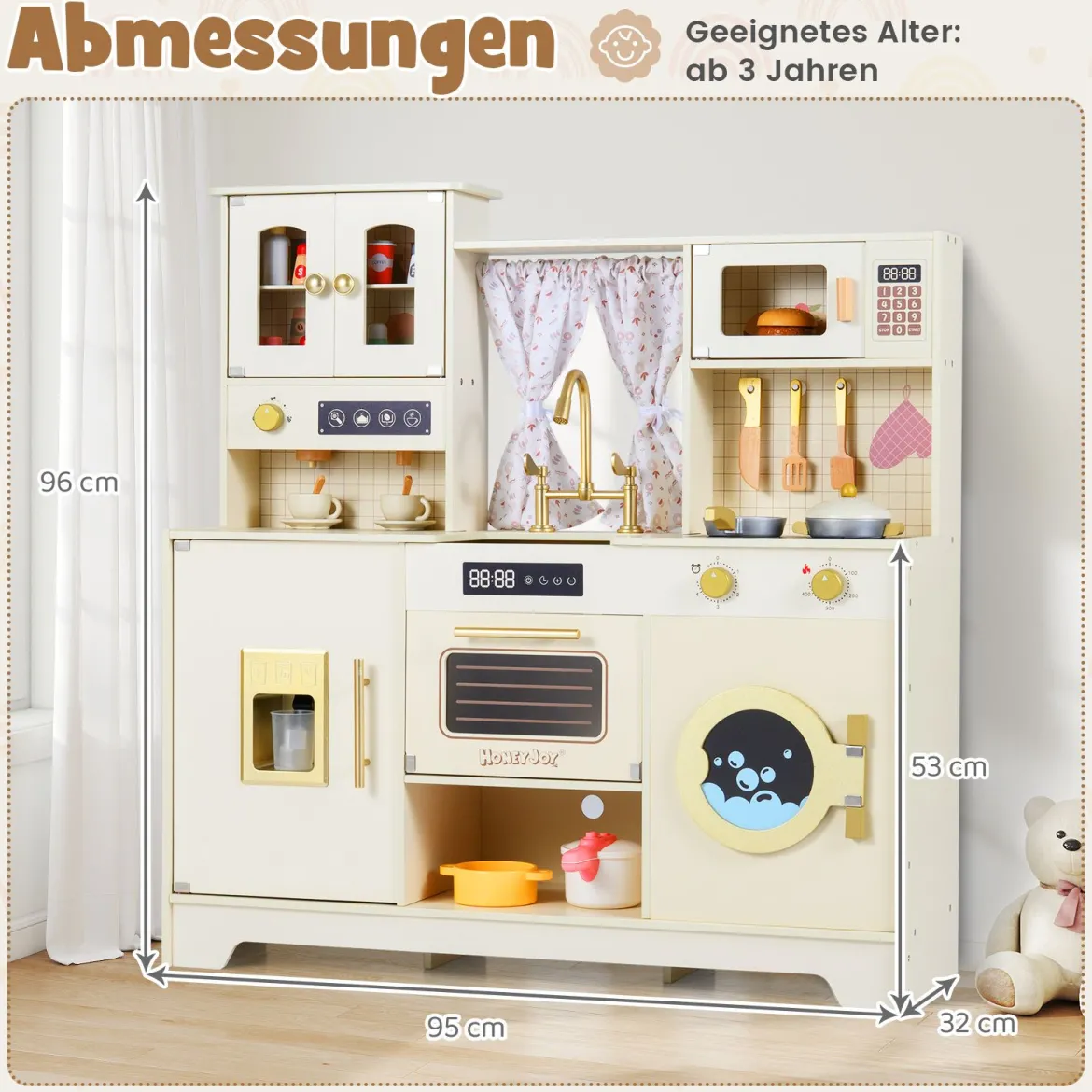 Kinder Spielküche Spielzeugküche mit Herdplatten Wasserhahn Spüle Kaffeemaschine Beige