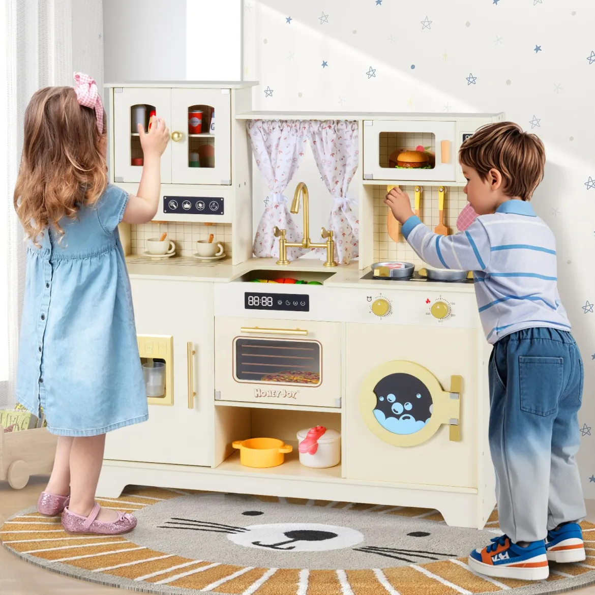 Kinder Spielküche Spielzeugküche mit Herdplatten Wasserhahn Spüle Kaffeemaschine Beige