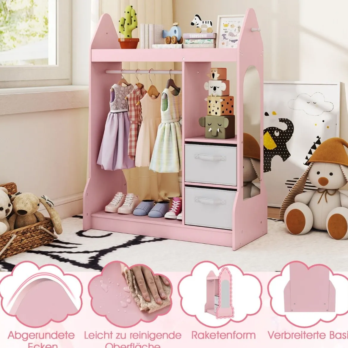 Kinderspiel-Kleiderschrank Spielzeug-Verkleidungscenter für Kinder mit Acrylspiegel Kleiderbügel Rosa