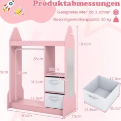 Kinderspiel-Kleiderschrank Spielzeug-Verkleidungscenter für Kinder mit Acrylspiegel Kleiderbügel Rosa