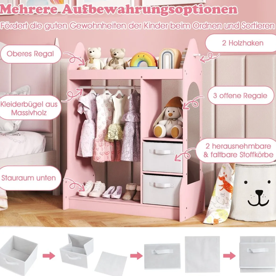 Kinderspiel-Kleiderschrank Spielzeug-Verkleidungscenter für Kinder mit Acrylspiegel Kleiderbügel Rosa