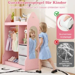 Kinderspiel-Kleiderschrank Spielzeug-Verkleidungscenter für Kinder mit Acrylspiegel Kleiderbügel Rosa
