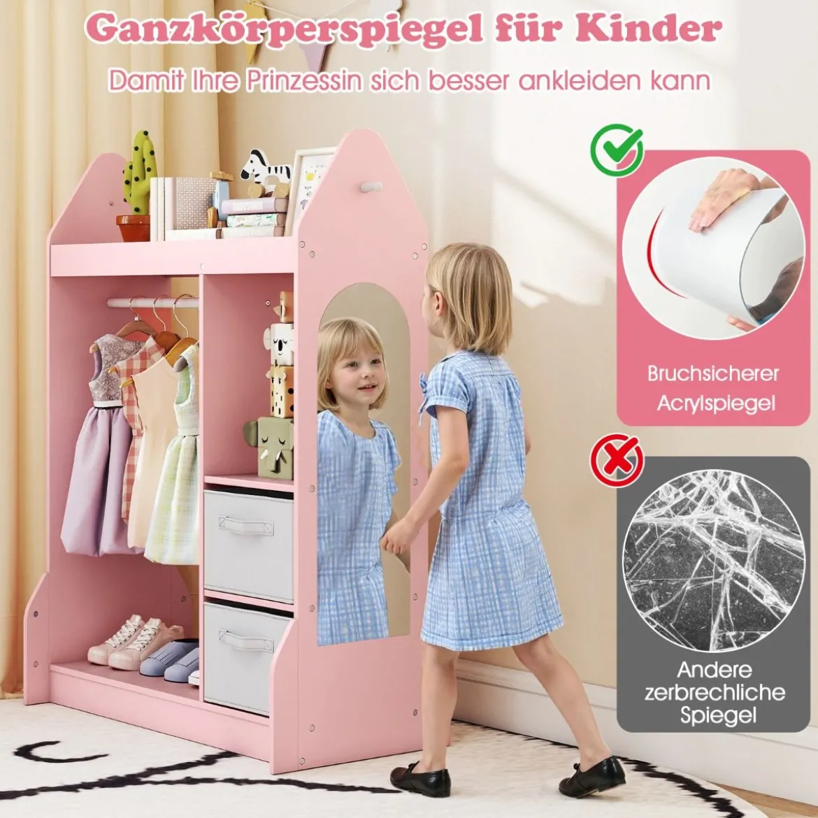 Kinderspiel-Kleiderschrank Spielzeug-Verkleidungscenter für Kinder mit Acrylspiegel Kleiderbügel Rosa