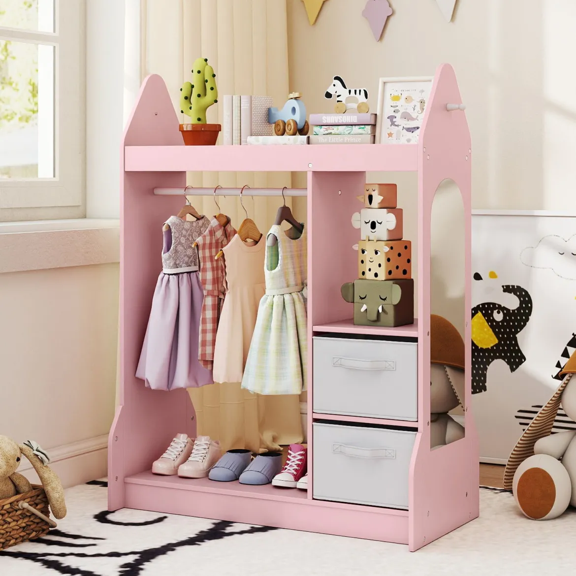 Kinderspiel-Kleiderschrank Spielzeug-Verkleidungscenter für Kinder mit Acrylspiegel Kleiderbügel Rosa