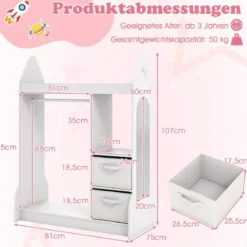 Kinderspiel-Kleiderschrank Spielzeug-Verkleidungscenter für Kinder mit Acrylspiegel Kleiderbügel Weiß