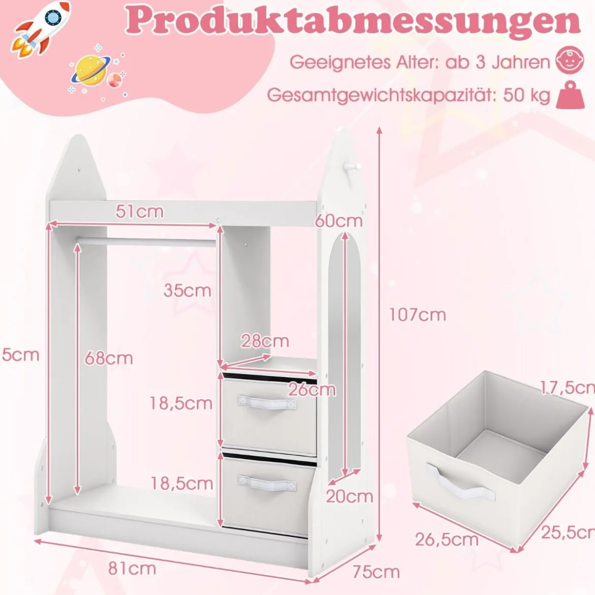 Kinderspiel-Kleiderschrank Spielzeug-Verkleidungscenter für Kinder mit Acrylspiegel Kleiderbügel Weiß