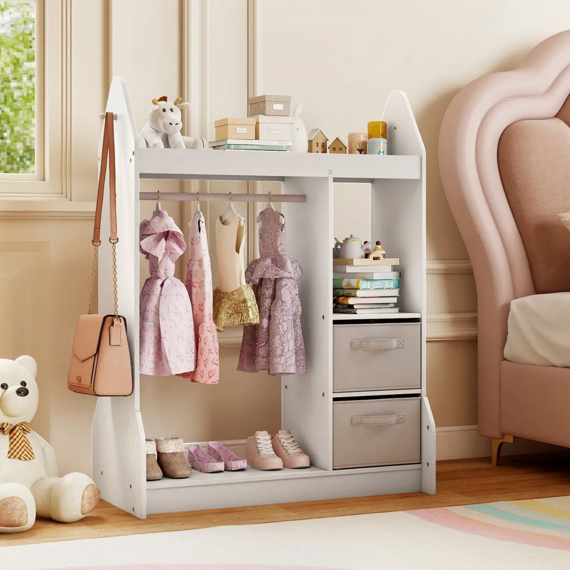Kinderspiel-Kleiderschrank Spielzeug-Verkleidungscenter für Kinder mit Acrylspiegel Kleiderbügel Weiß