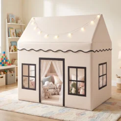 Kinderspielzelt mit Zusätzlichem Hinterhof Kinderspielhaus mit Gepolsterter Matte Beige + Grau