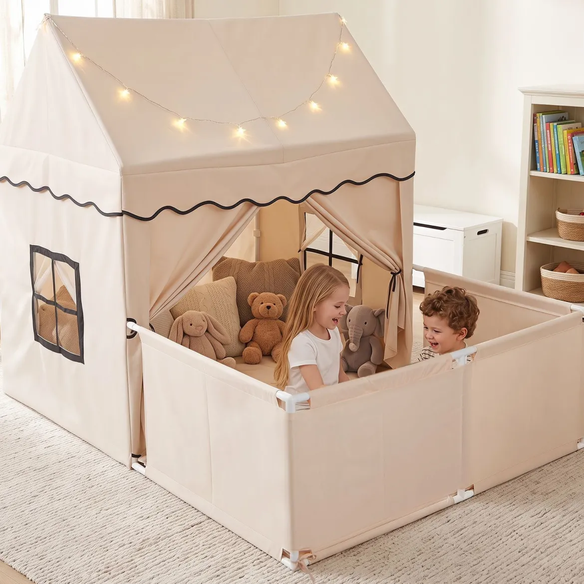 Kinderspielzelt mit Zusätzlichem Hinterhof Kinderspielhaus mit Gepolsterter Matte Beige + Grau
