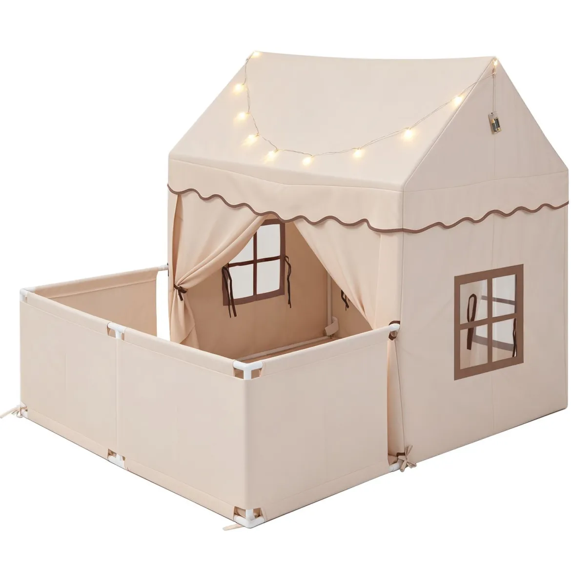 Kinderspielzelt mit Zusätzlichem Hinterhof Kinderspielhaus mit Gepolsterter Matte Beige + Braun
