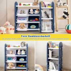 Kinder Spielzeugregal mit 6 Aufbewahrungsboxen und 4 Ablagen Eckregal aus Kunststoff Kinderregal 112 x 35 x 92 cm Blau