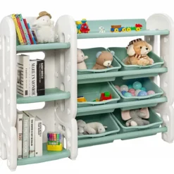 Kinder Spielzeugregal mit 6 Aufbewahrungsboxen und 4 Ablagen Eckregal aus Kunststoff Kinderregal 112 x 35 x 92 cm Grün