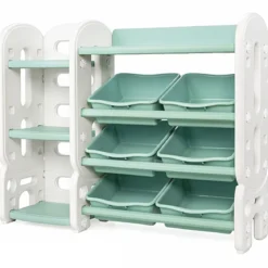 Kinder Spielzeugregal mit 6 Aufbewahrungsboxen und 4 Ablagen Eckregal aus Kunststoff Kinderregal 112 x 35 x 92 cm Grün