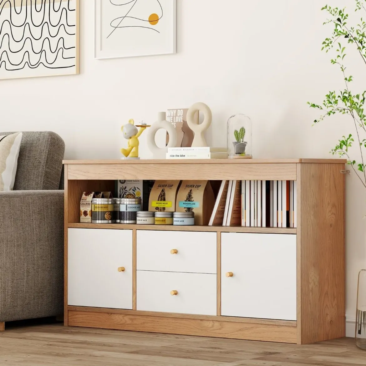 Kinder Spielzeugschrank aus Holz mit 2 Schubladen & 2 Türen Kinderregal Kinderschrank