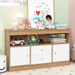 Kinder Spielzeugschrank aus Holz mit 2 Schubladen & 2 Türen Kinderregal Kinderschrank