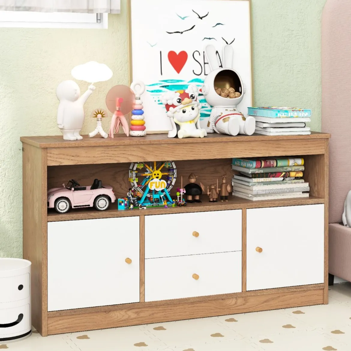Kinder Spielzeugschrank aus Holz mit 2 Schubladen & 2 Türen Kinderregal Kinderschrank