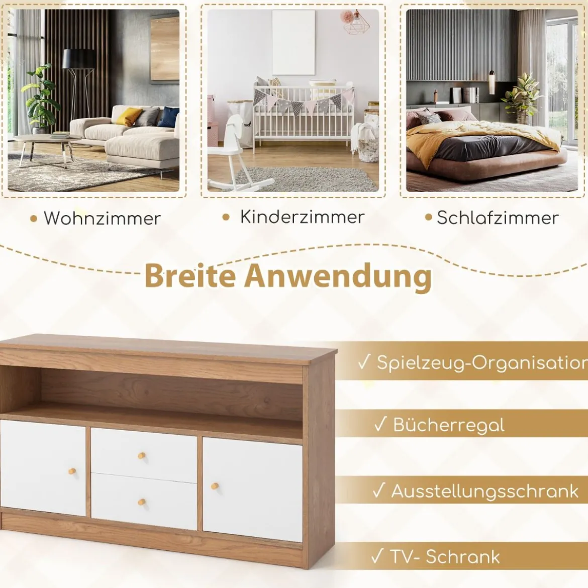 Kinder Spielzeugschrank aus Holz mit 2 Schubladen & 2 Türen Kinderregal Kinderschrank