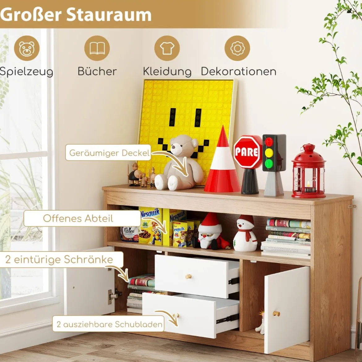 Kinder Spielzeugschrank aus Holz mit 2 Schubladen & 2 Türen Kinderregal Kinderschrank