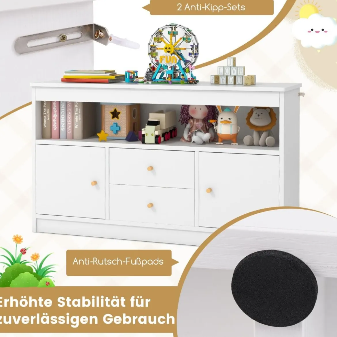 Kinder Spielzeugschrank aus Holz mit 2 Schubladen & 2 Türen Kinderregal Kinderschrank