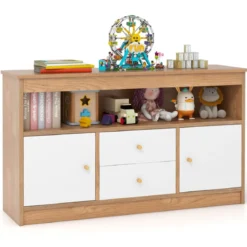 Kinder Spielzeugschrank aus Holz mit 2 Schubladen & 2 Türen Kinderregal Kinderschrank