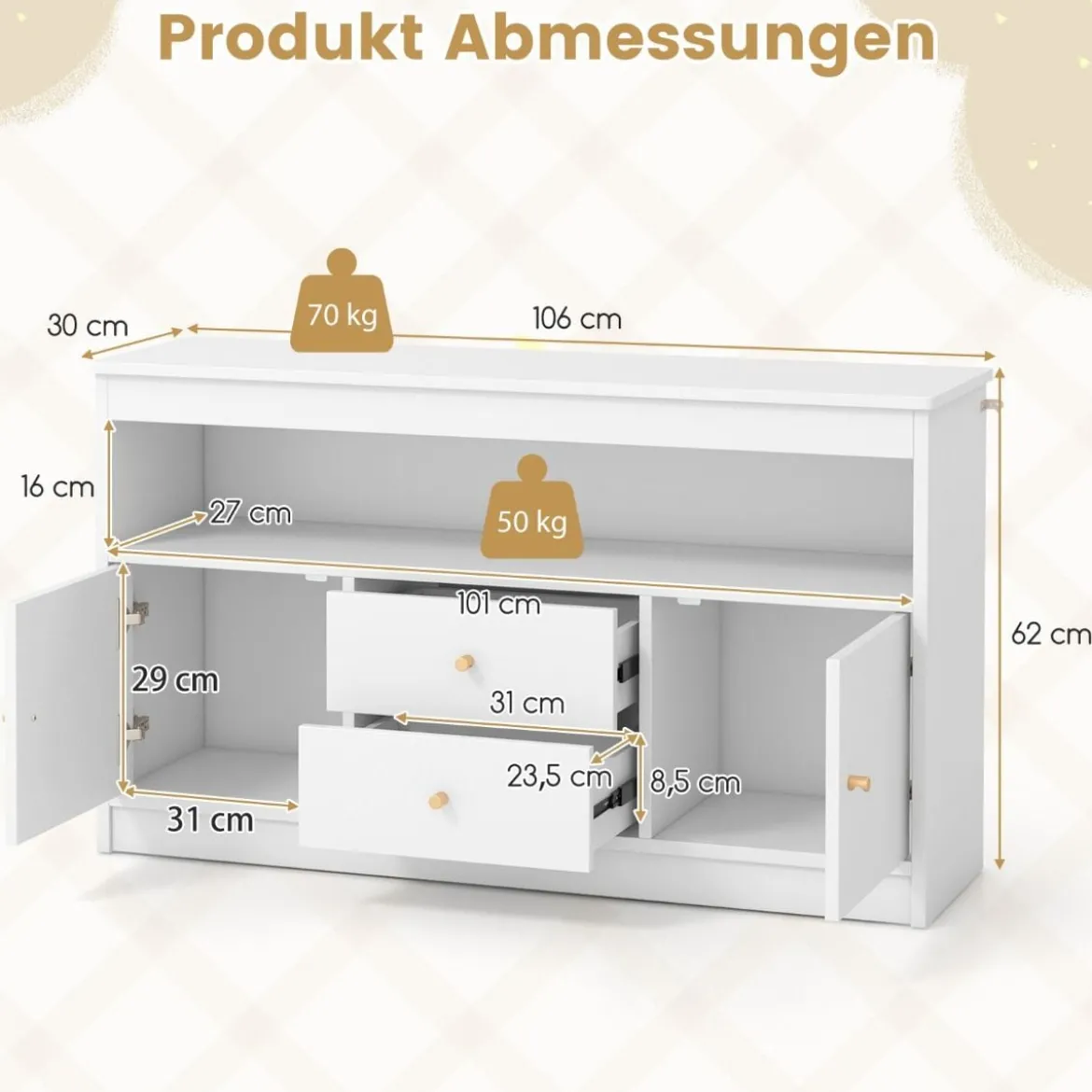 Kinder Spielzeugschrank aus Holz mit 2 Schubladen & 2 Türen Kinderregal Kinderschrank