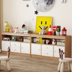 Kinder Spielzeugschrank aus Holz mit 2 Schubladen & 2 Türen Kinderregal Kinderschrank
