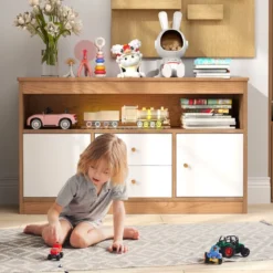 Kinder Spielzeugschrank aus Holz mit 2 Schubladen & 2 Türen Kinderregal Kinderschrank