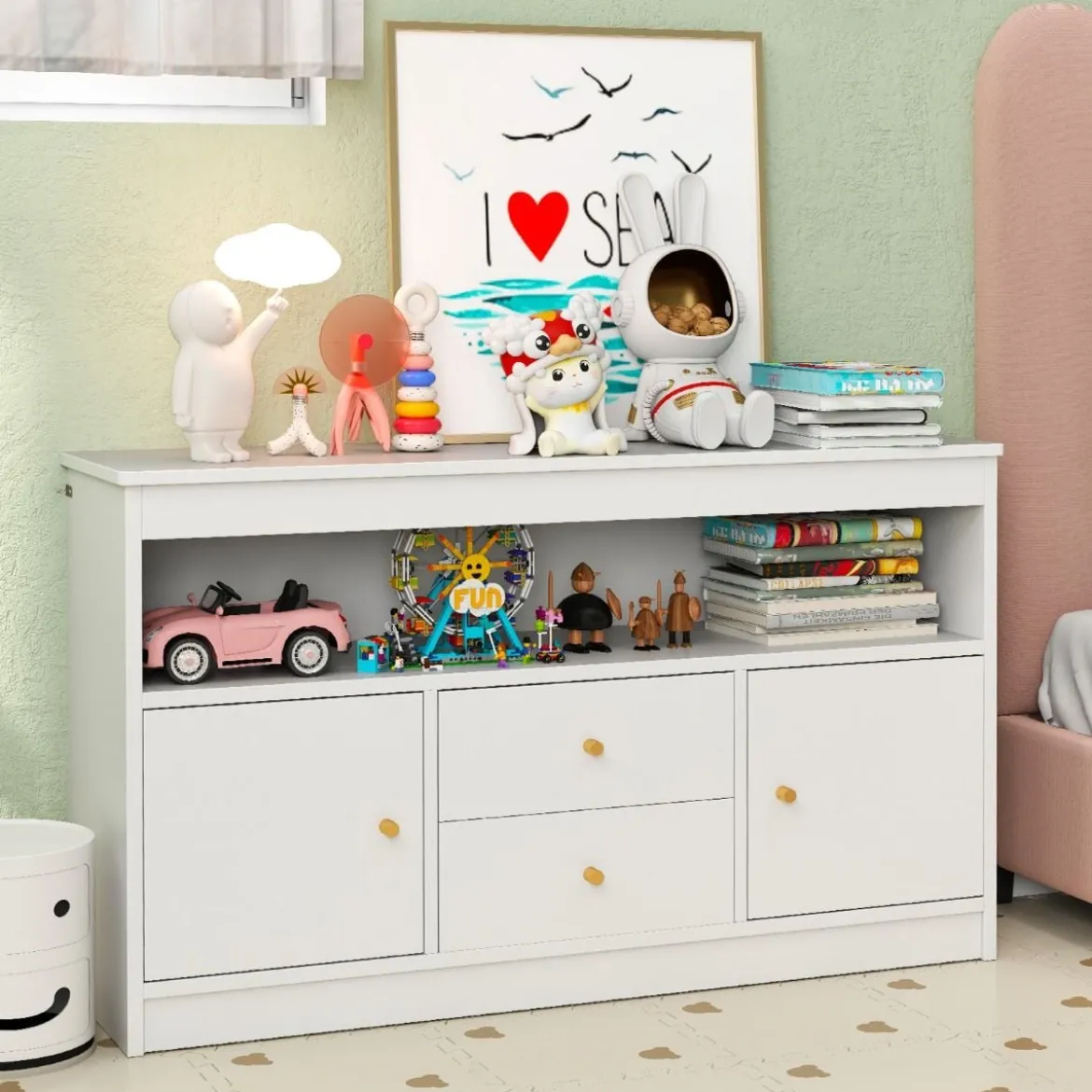Kinder Spielzeugschrank aus Holz mit 2 Schubladen & 2 Türen Kinderregal Kinderschrank