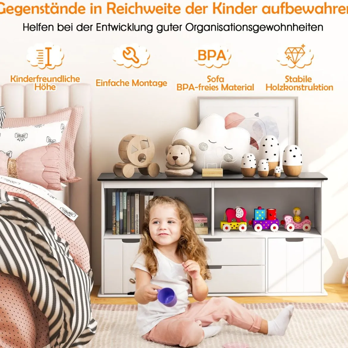 Kinder Spielzeugschrank Kinderregal Kommode mit 3 Schubladen & Rollen 121 x 33 x 62 cm