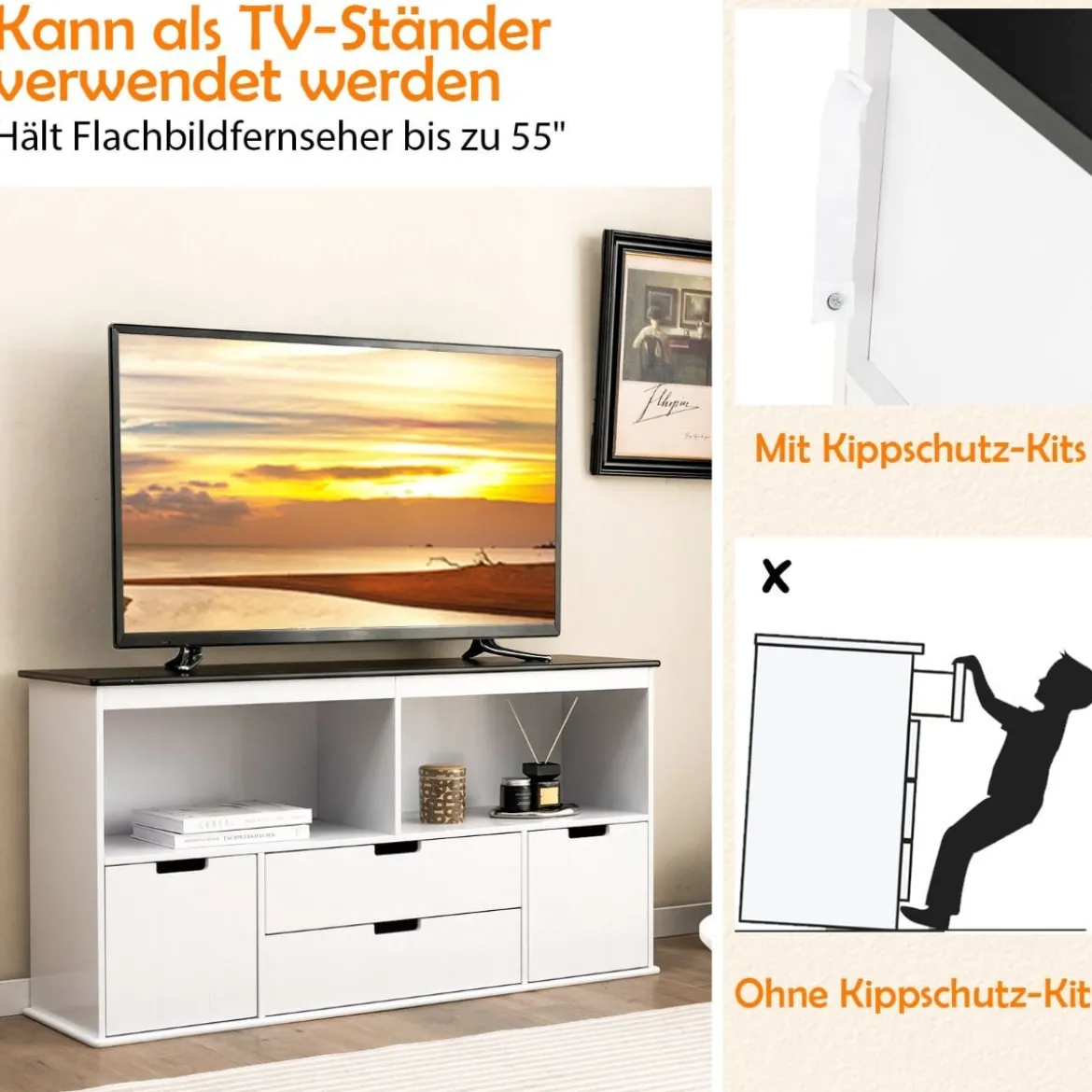 Kinder Spielzeugschrank Kinderregal Kommode mit 3 Schubladen & Rollen 121 x 33 x 62 cm