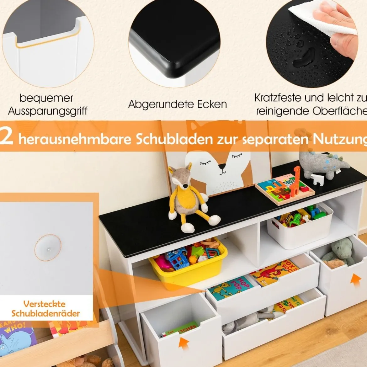 Kinder Spielzeugschrank Kinderregal Kommode mit 3 Schubladen & Rollen 121 x 33 x 62 cm