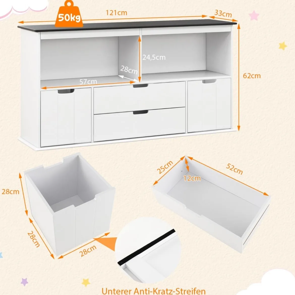 Kinder Spielzeugschrank Kinderregal Kommode mit 3 Schubladen & Rollen 121 x 33 x 62 cm