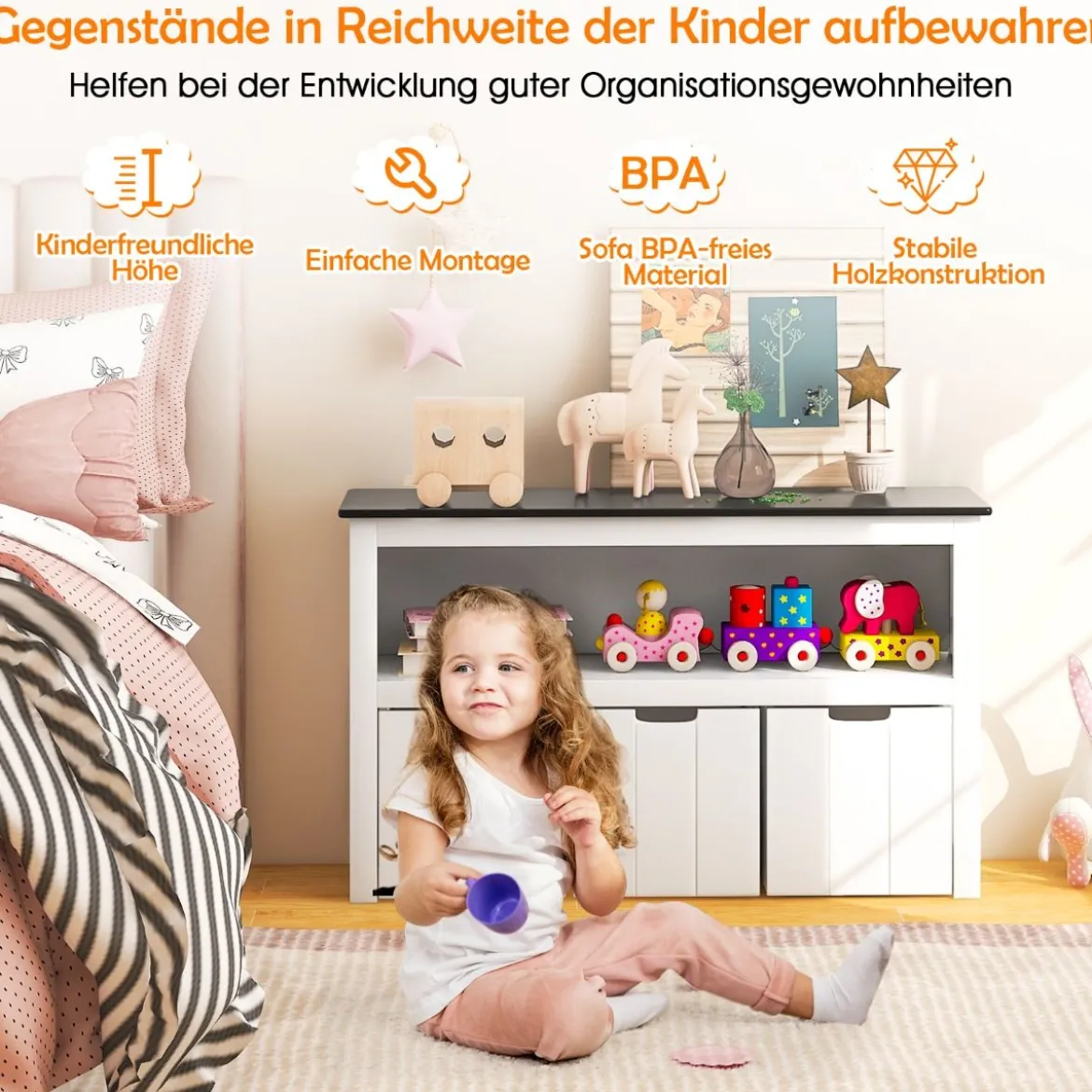 Kinder Spielzeugschrank Kinderregal Kommode mit 3 Schubladen & Rollen 102 x 33 x 62 cm
