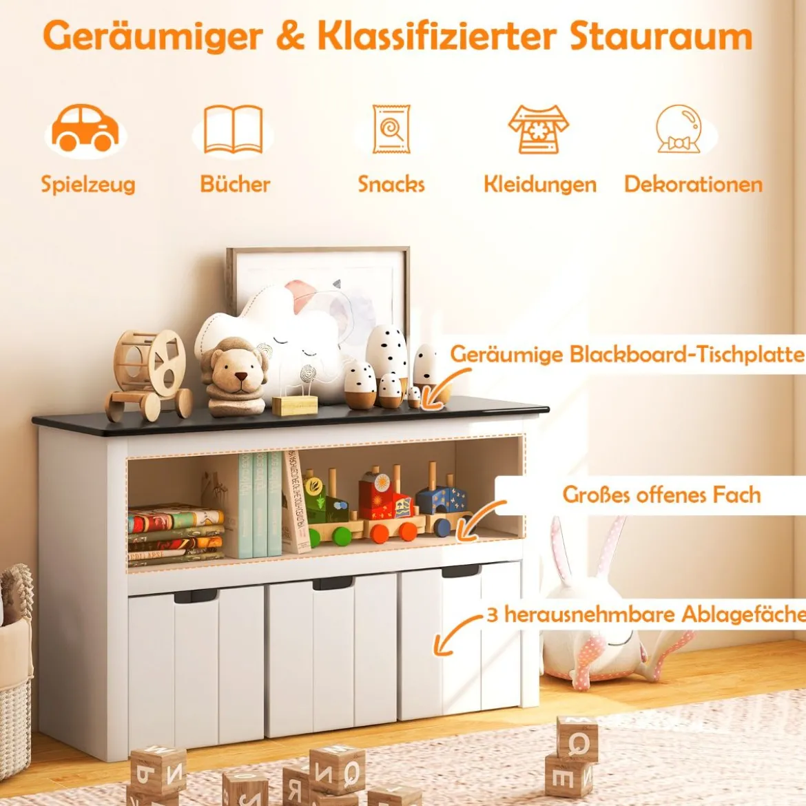 Kinder Spielzeugschrank Kinderregal Kommode mit 3 Schubladen & Rollen 102 x 33 x 62 cm