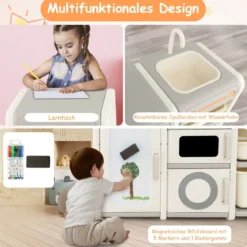 Kinder Spielzeugschrank mit Magnetischem Whiteboard & Abnehmbarem Waschbecken & Wasserhahn