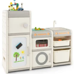 Kinder Spielzeugschrank mit Magnetischem Whiteboard & Abnehmbarem Waschbecken & Wasserhahn