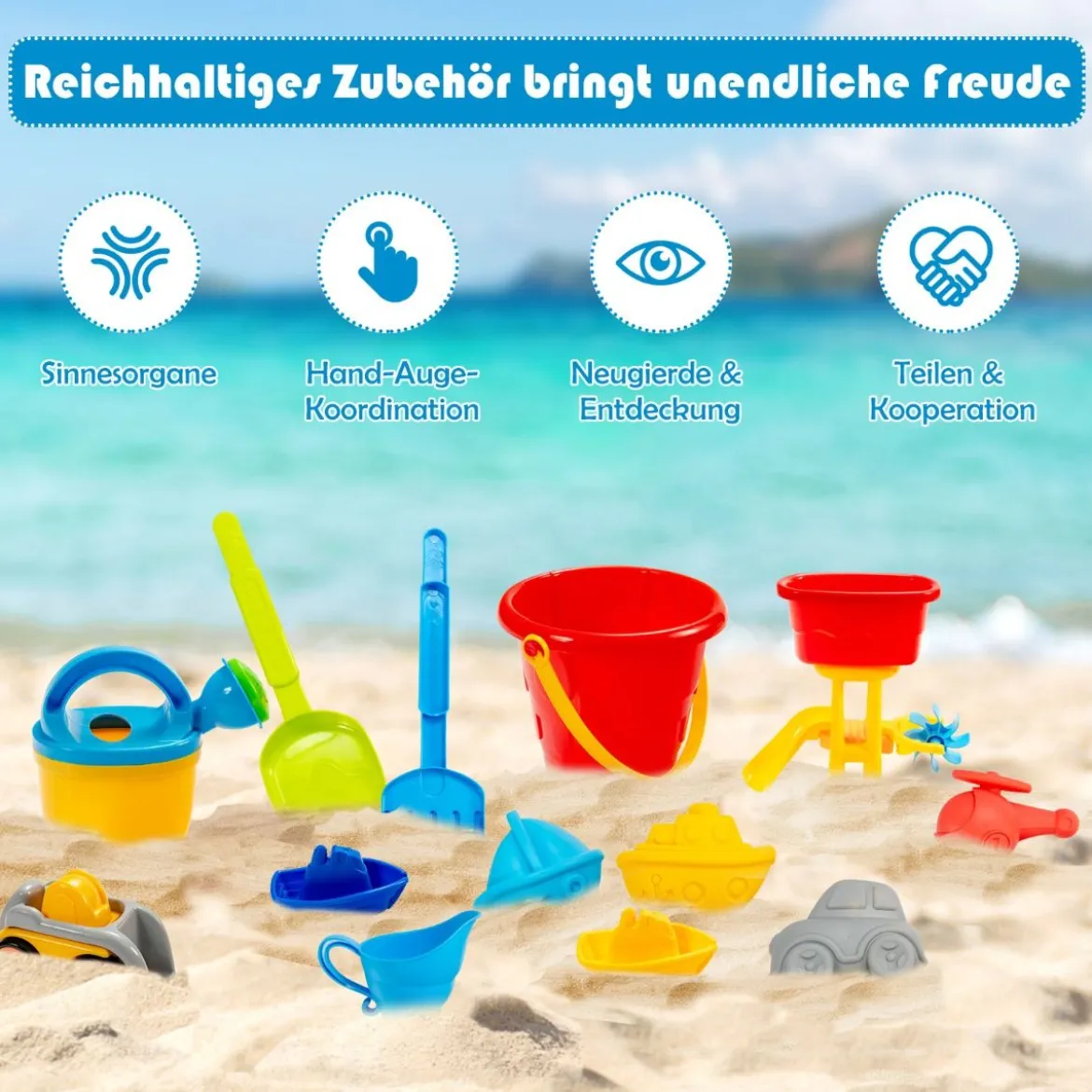 Kinderspielzeug Strand-Spielzeug für Kleinkinder draußen und drinnen mit Schirmloch & 18 teiligem Zubehör Set Bunt