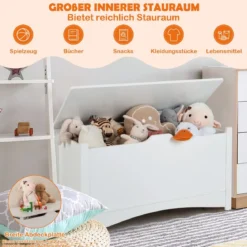 Kinder Spielzeugtruhe aus Holz 2 in 1 Spielzeugkiste & Sitzbank mit aufklappbarem Deckel Weiß