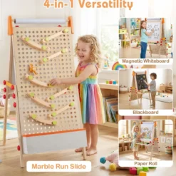 Kinder Staffelei 3 in 1 doppelseitige Kidnertafel aus Holz mit Magnet-Whiteboard Natur