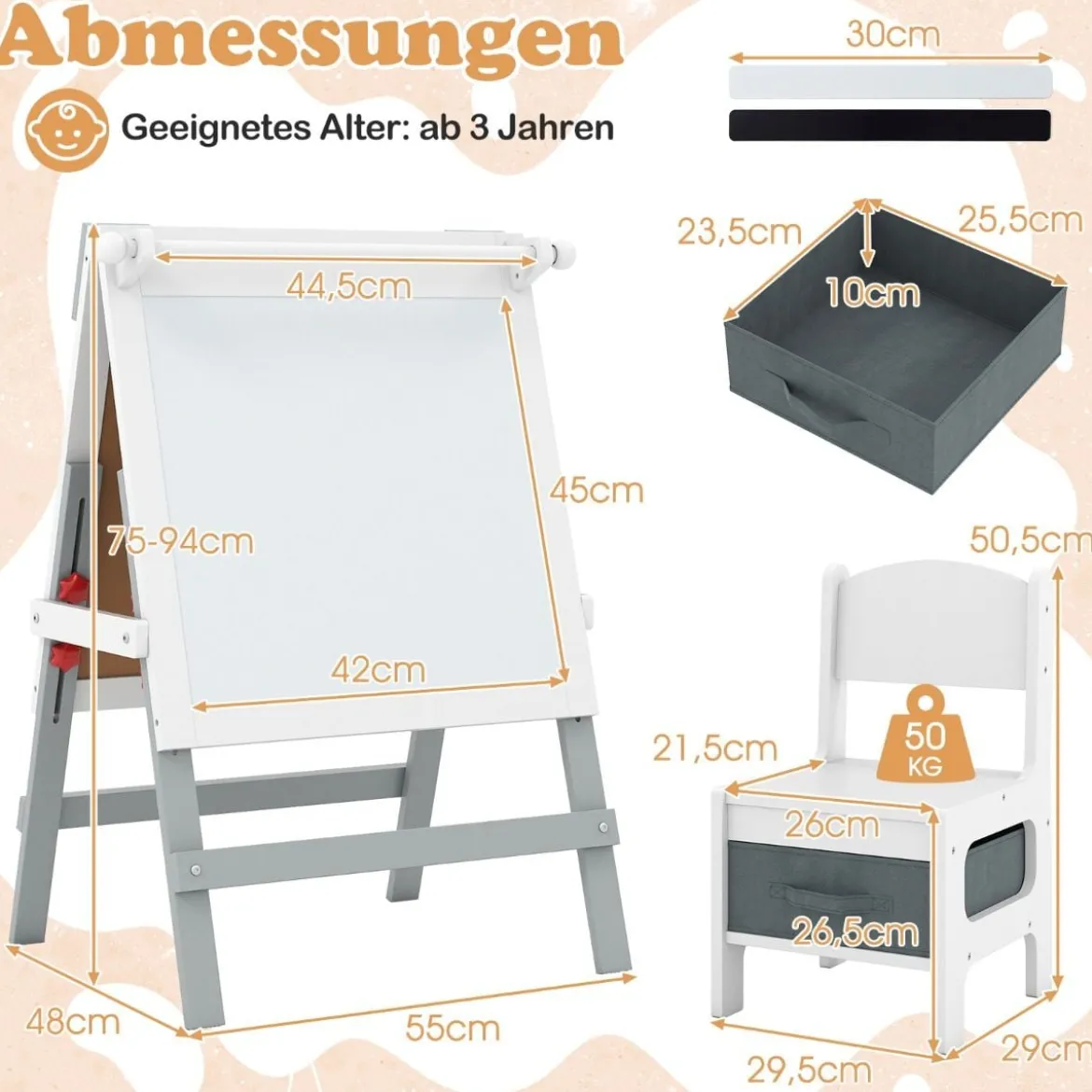 Kinder Staffelei mit Stuhl Höhenverstellbare Kindertafel mit Kreidetafel & Whiteboard Grau