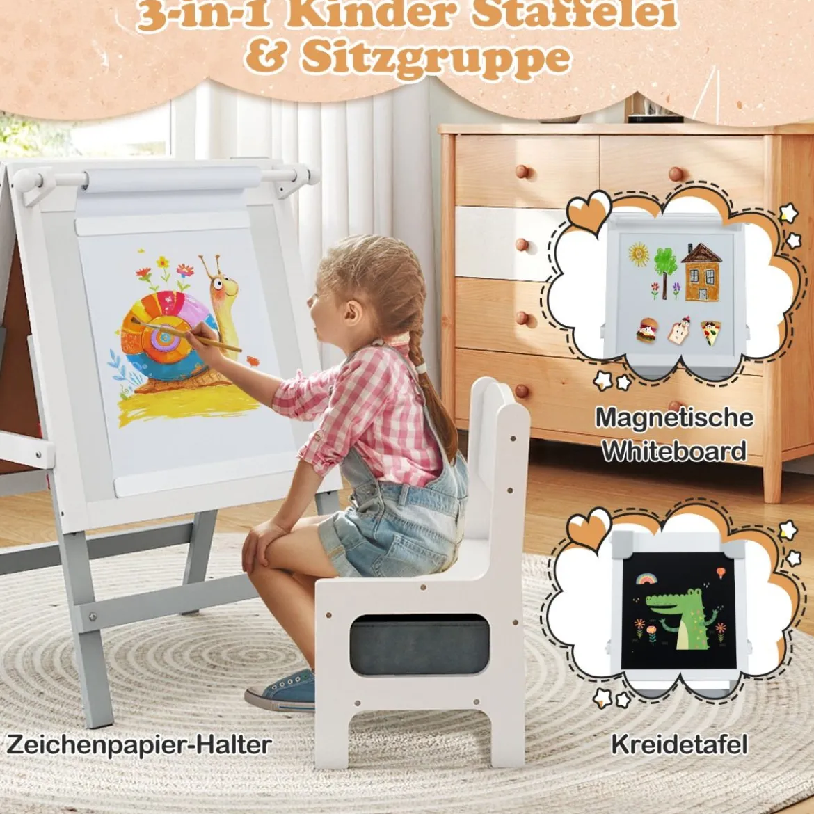 Kinder Staffelei mit Stuhl Höhenverstellbare Kindertafel mit Kreidetafel & Whiteboard Grau