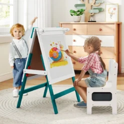Kinder Staffelei mit Stuhl Höhenverstellbare Kindertafel mit Kreidetafel & Whiteboard Grün