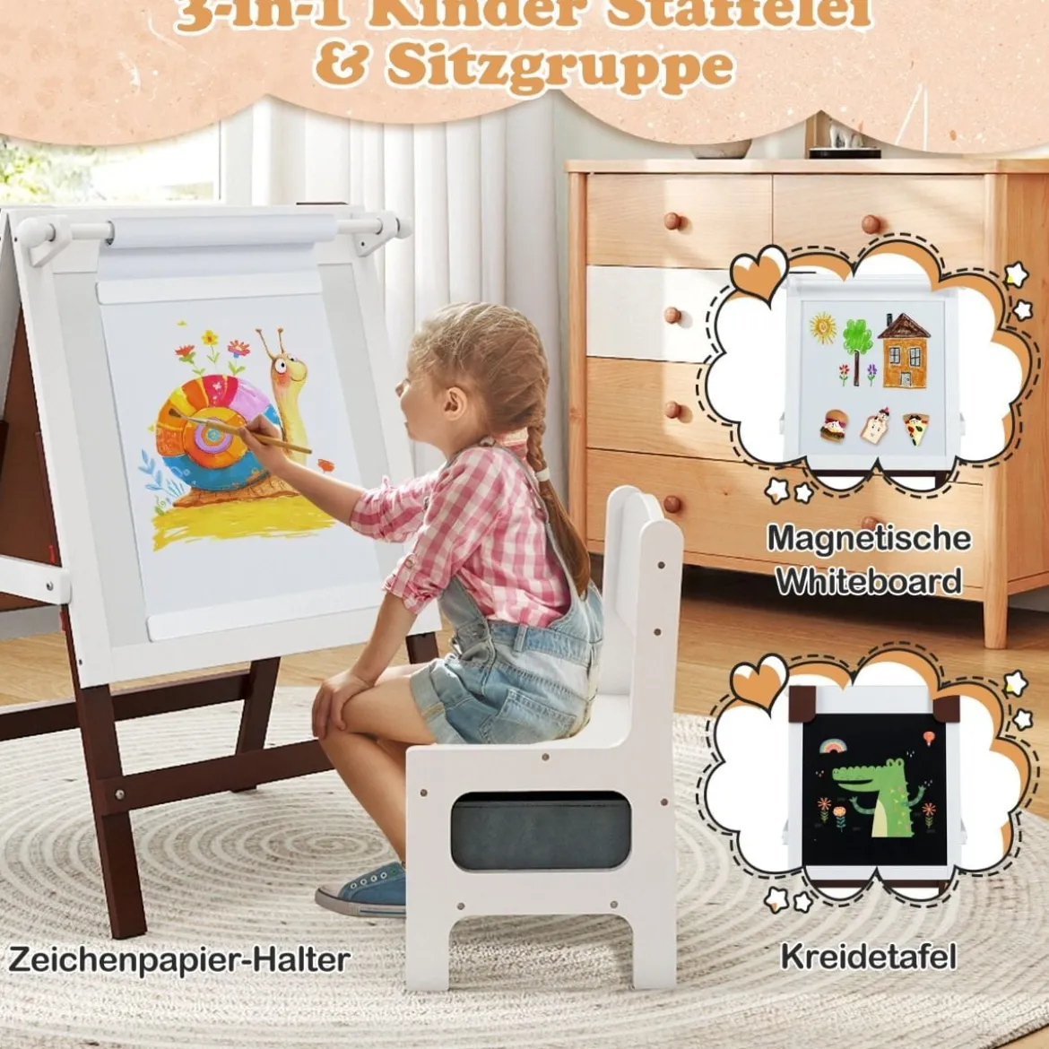 Kinder Staffelei mit Stuhl Höhenverstellbare Kindertafel mit Kreidetafel & Whiteboard Braun