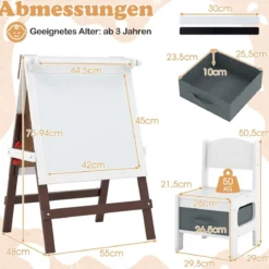 Kinder Staffelei mit Stuhl Höhenverstellbare Kindertafel mit Kreidetafel & Whiteboard Braun