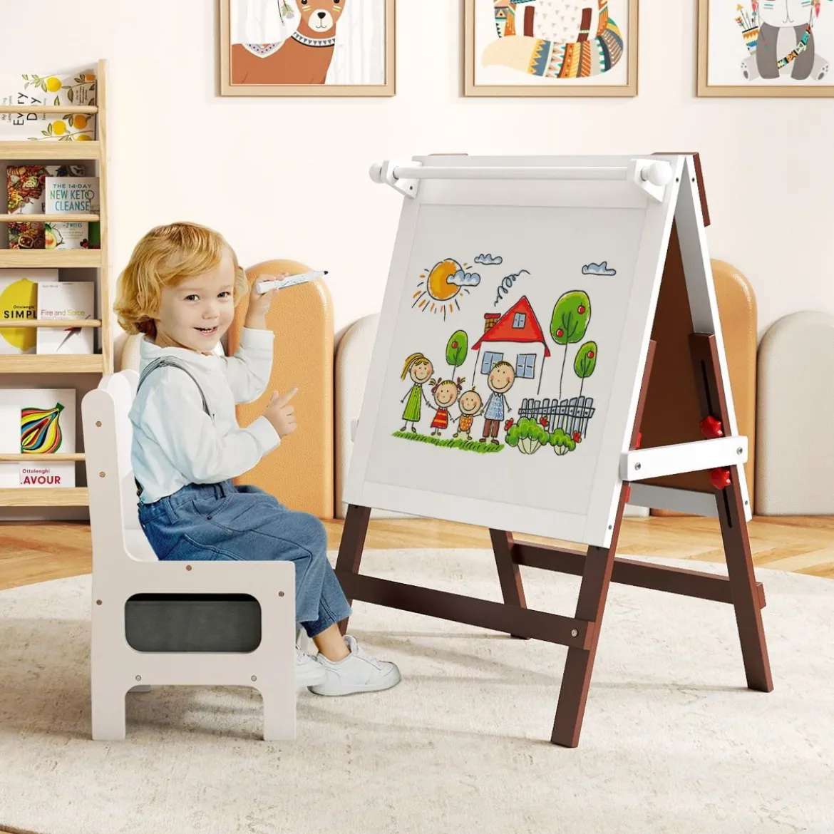 Kinder Staffelei mit Stuhl Höhenverstellbare Kindertafel mit Kreidetafel & Whiteboard Braun