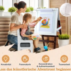 Kinder Staffelei mit Stuhl Höhenverstellbare Kindertafel mit Kreidetafel & Whiteboard Braun