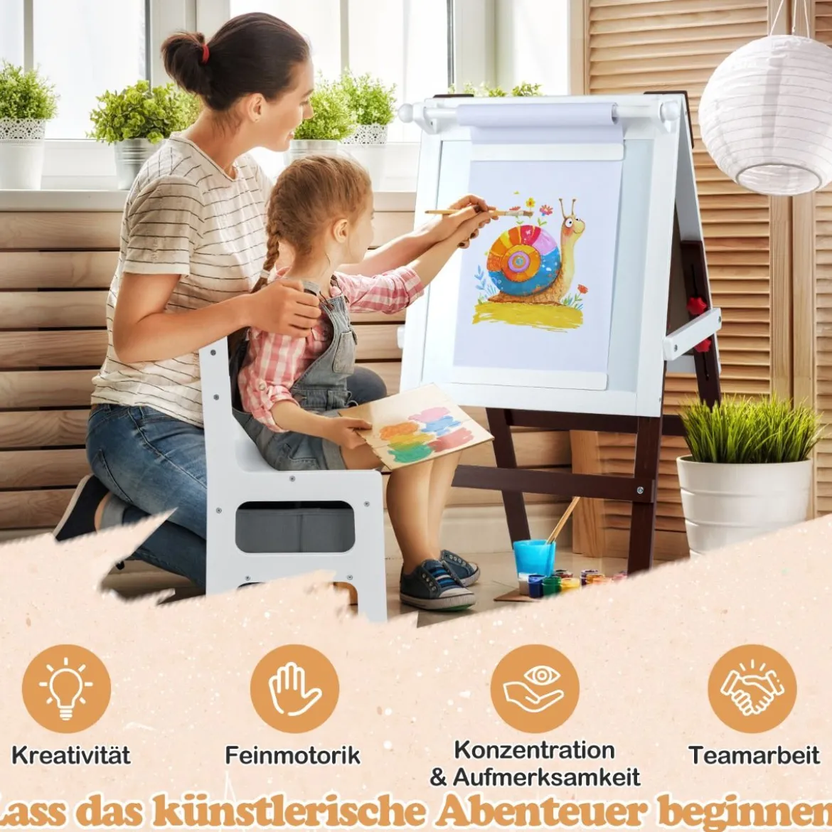 Kinder Staffelei mit Stuhl Höhenverstellbare Kindertafel mit Kreidetafel & Whiteboard Braun