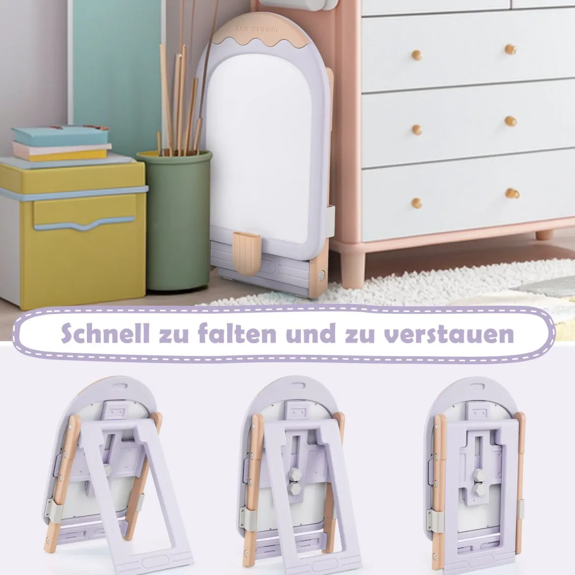 Kinder Staffelei mit Stuhl Kindertafel Höhenverstellbar & Klappbar mit Whiteboard & Aufbewahrungsbox Lila