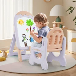 Kinder Staffelei mit Stuhl Kindertafel Höhenverstellbar & Klappbar mit Whiteboard & Aufbewahrungsbox Lila